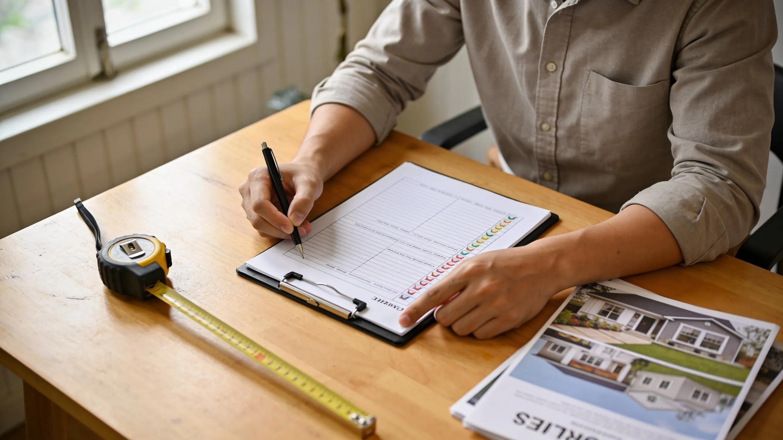 Certified appraiser conducting real estate appraisal with property documents and tools