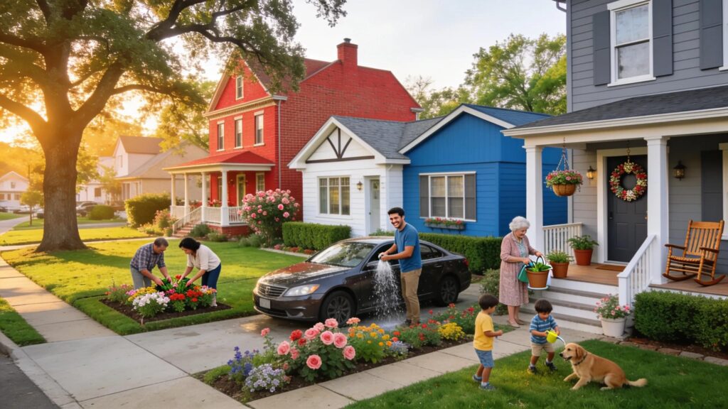 A suburban neighborhood in Woodcroft with various home styles, emphasizing community and property value