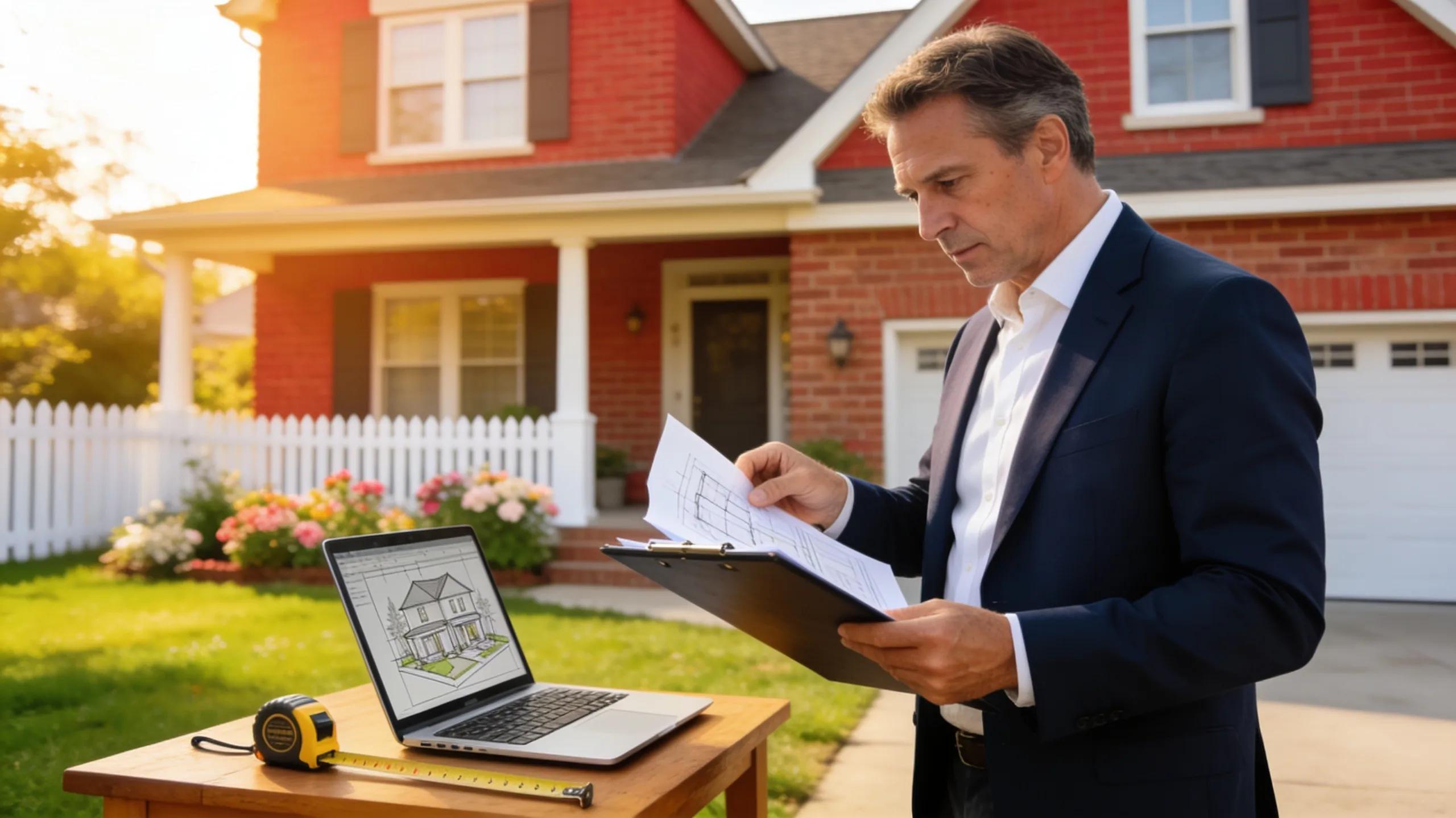 Professional appraiser assessing a suburban house for market evaluation