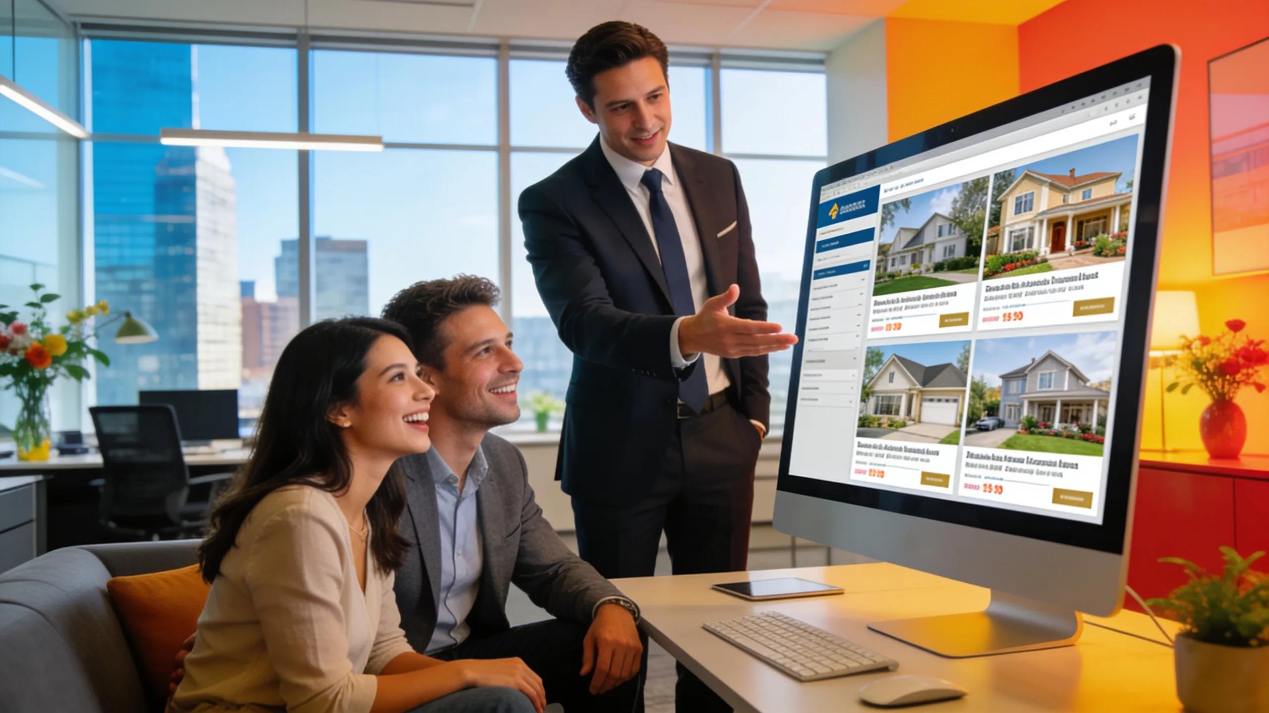 Real estate agent showing property listings to clients in a modern office