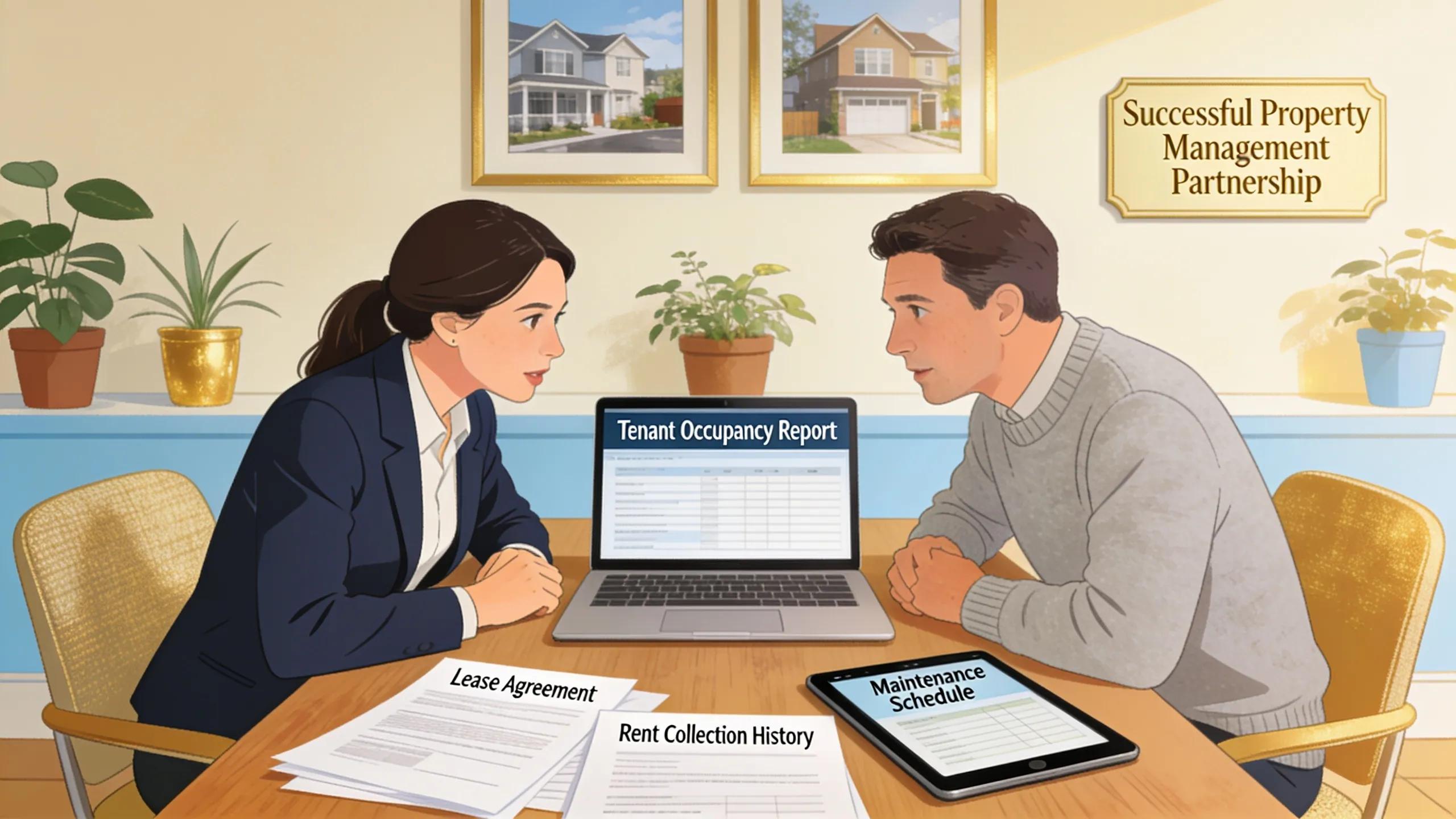 Professional property manager discussing strategies with a landlord in an office