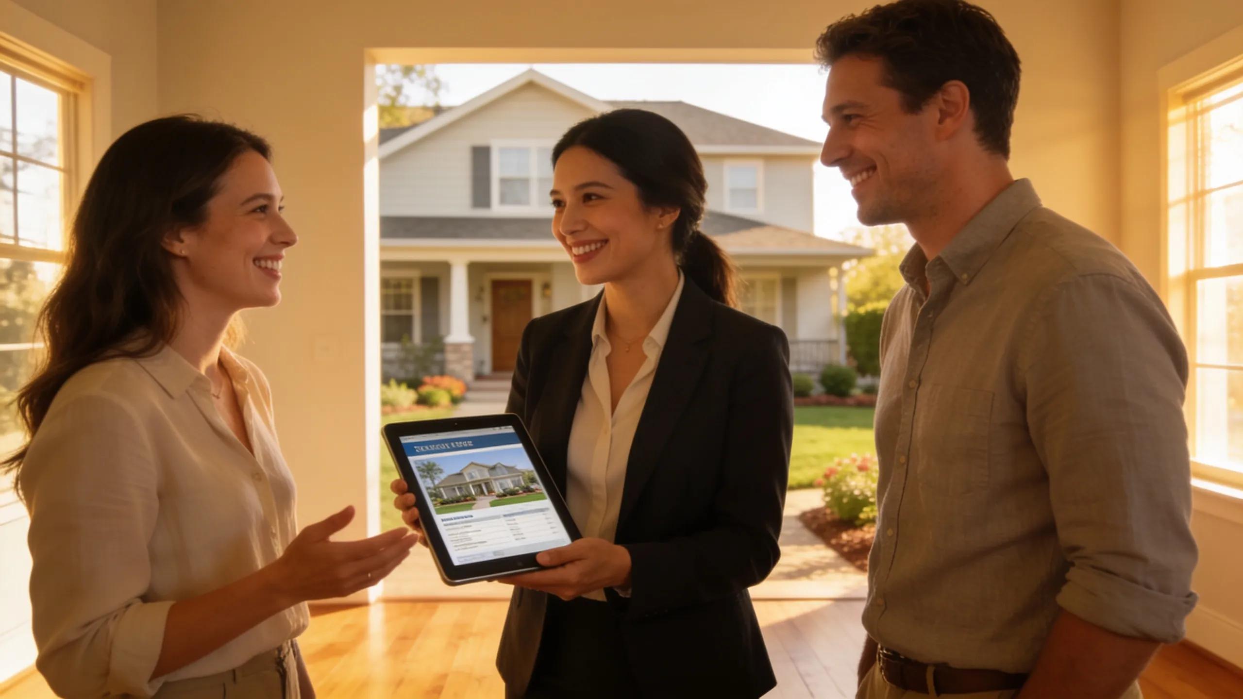Couple engaging with real estate agent illustrating the property sales process from listing to closing