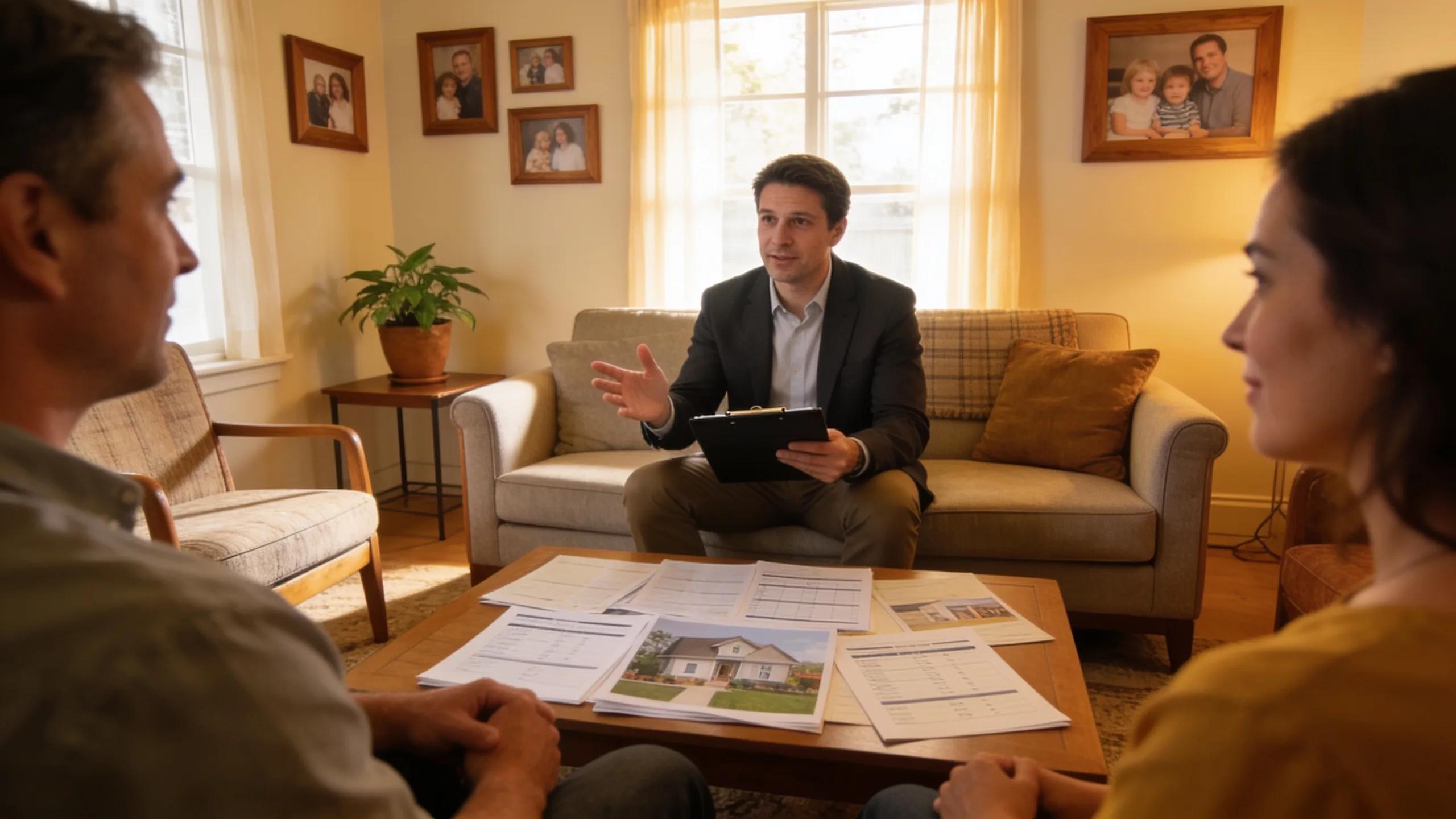 Appraiser discussing property value with homeowners in a warm living room setting