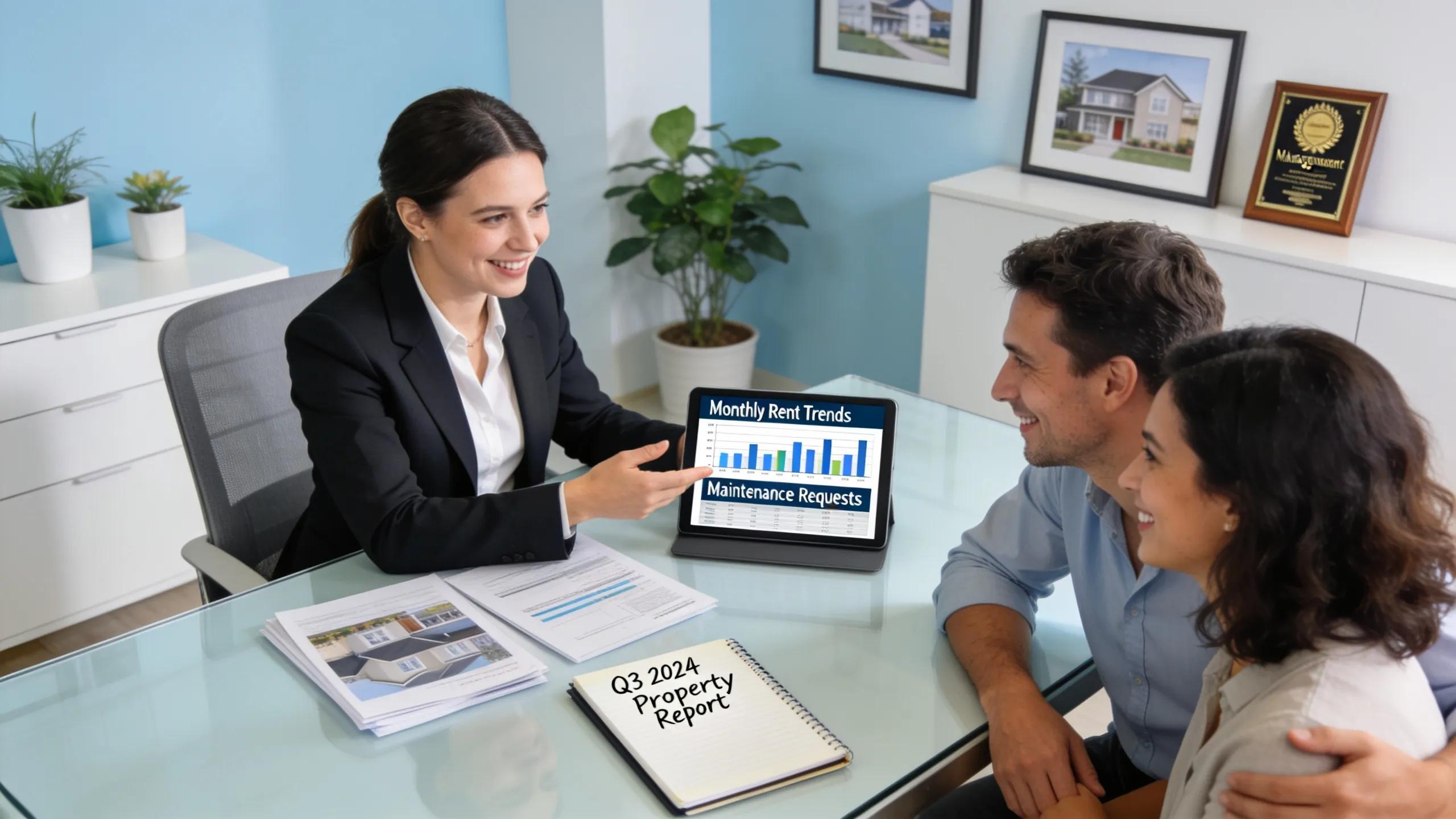 Property manager assisting homeowners with management services in a professional office
