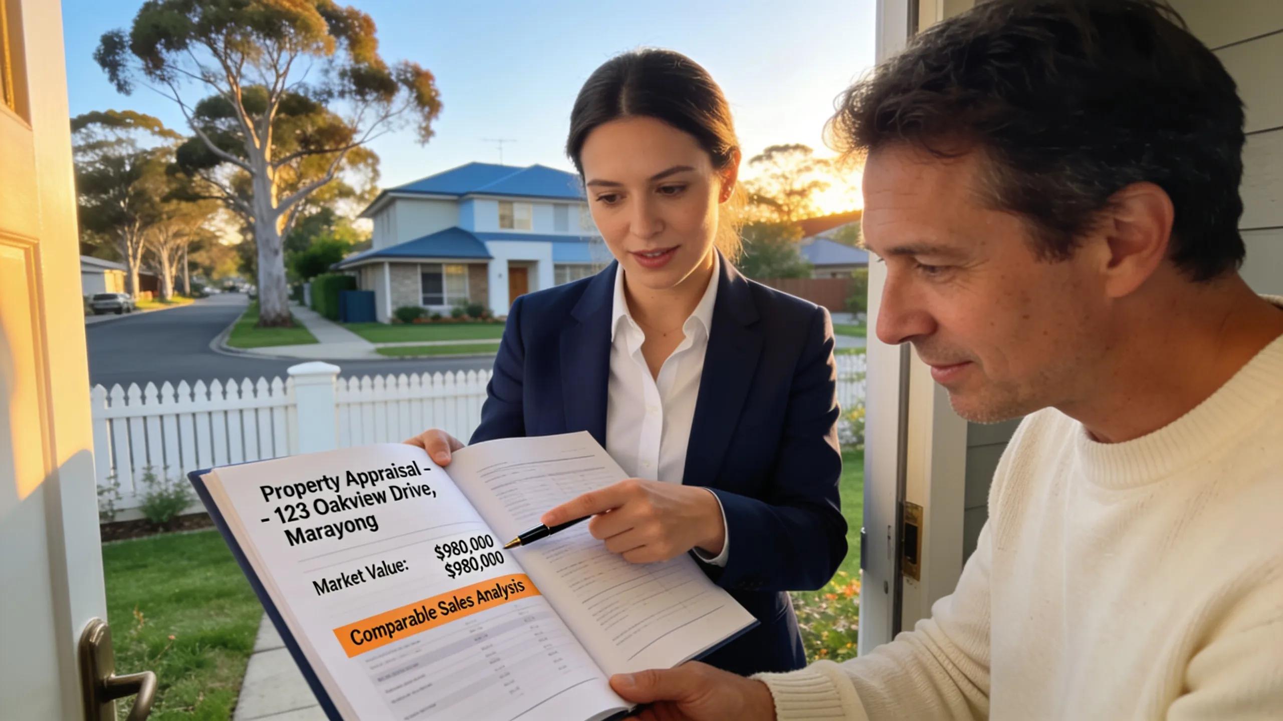 Real estate agent explaining an appraisal report to a homeowner at a Marayong property