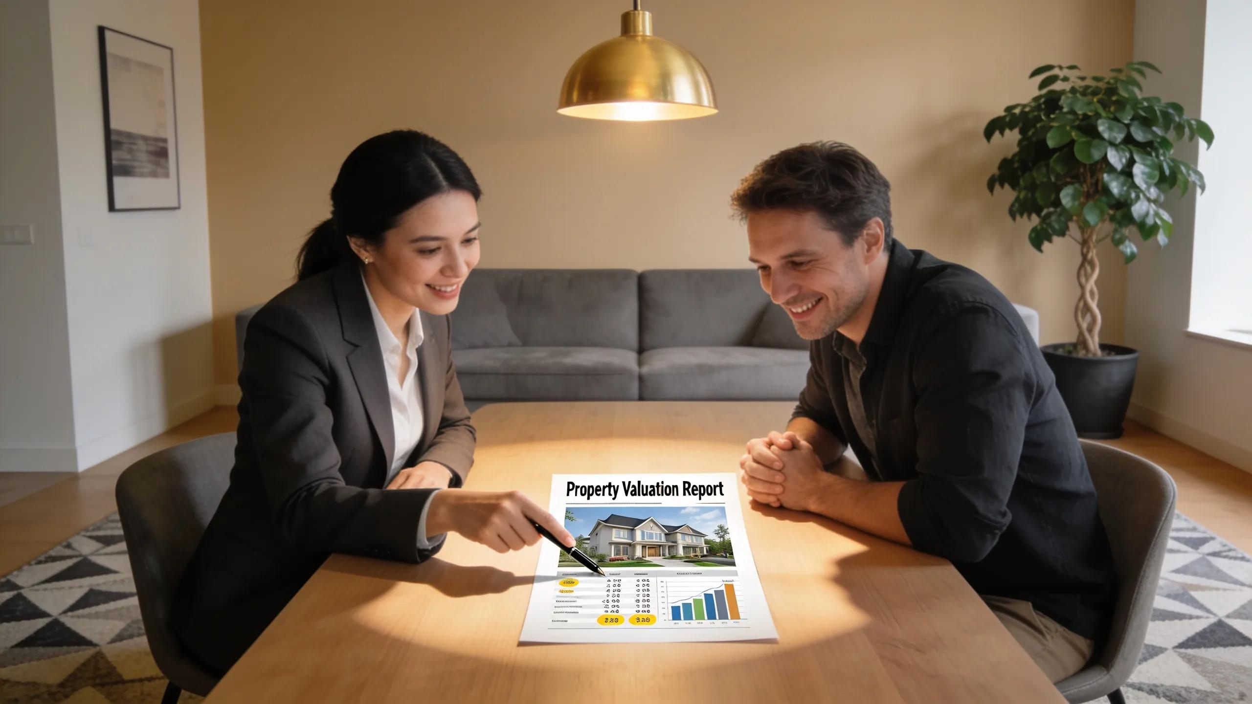 Real estate agent discussing sales appraisal details with a homeowner in a modern setting